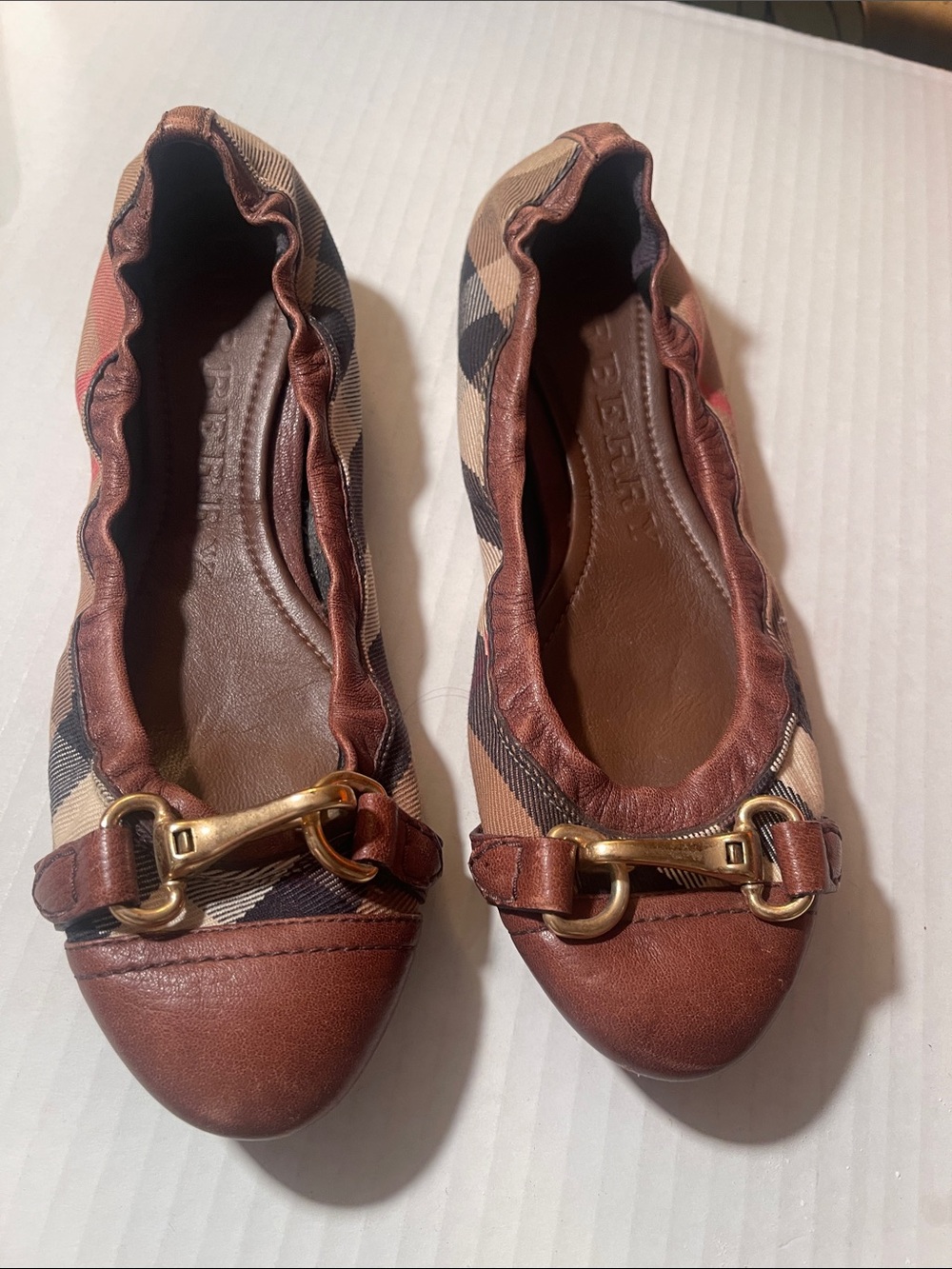 Burberry Tan Plaid & Brown Leather Horsebit Ballet Flats 37.5
